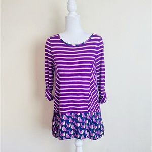 Anthropologie Postmark Fairley Purple Birds Striped Two Toned 3/4 Sleeve Blouse
